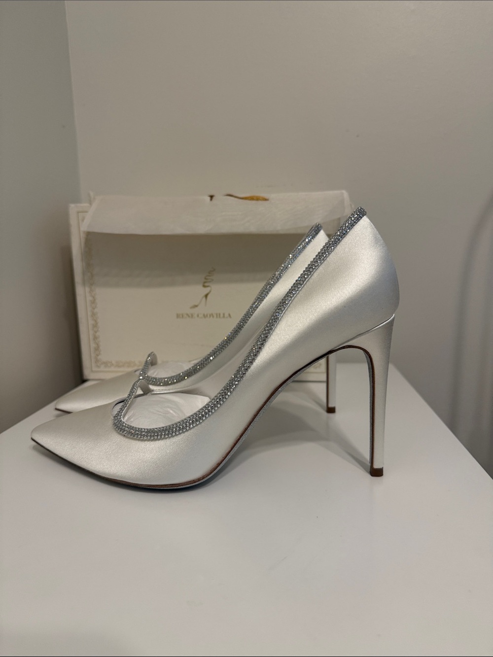 Rene Caovilla Sylvie White Satin Pointed-Toe Pumps with Crystal Trim